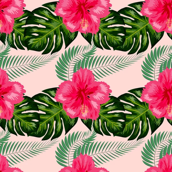 Flores tropicales exóticas hibisco, frangipani plumeria y palmera, composición de hojas de plátano. patrón sin costura — Vector de stock