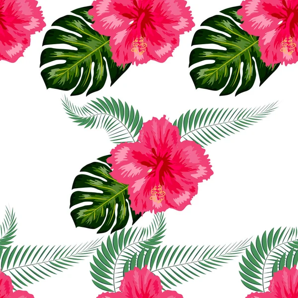 Patrón sin costuras con hojas tropicales y flores de hibisco . — Vector de stock