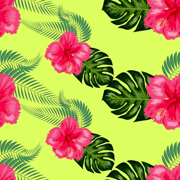 Tropical vintage hibisco plumeria hojas verdes florales sin costura patrón fondo blanco. Fondo de pantalla exótico — Archivo Imágenes Vectoriales