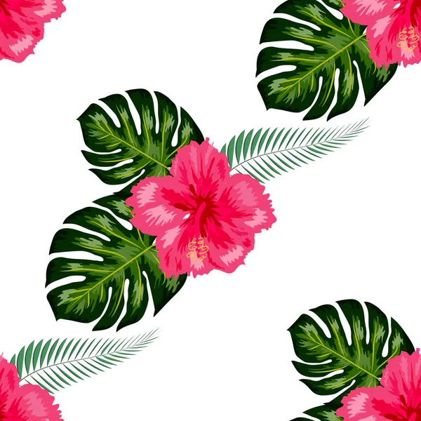 Nahtloses Muster mit tropischen Blättern und Hibiskusblüten. — Stockvektor