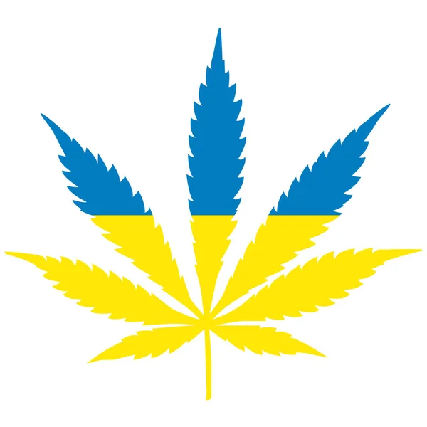 A koncepció a marihuána legalizálása Ukrajnában. Cannabis levél a marihuána formájában az ukrán zászló. — Stock Vector