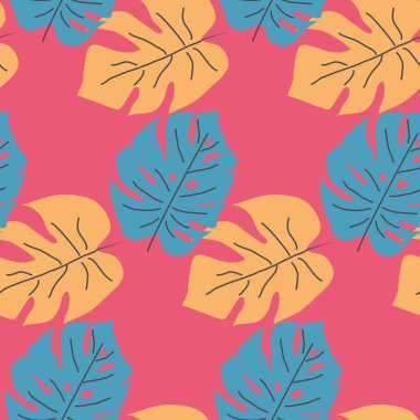 Tropikal yaprakları ile dikişsiz desen. Elle çizilmiş yaz baskısı.