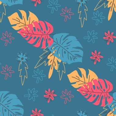 Tropikal yaprakları ile dikişsiz desen. Elle çizilmiş yaz baskısı.