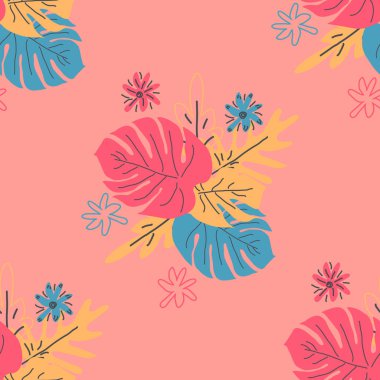 Tropikal yaprakları ile dikişsiz desen. Elle çizilmiş yaz baskısı.