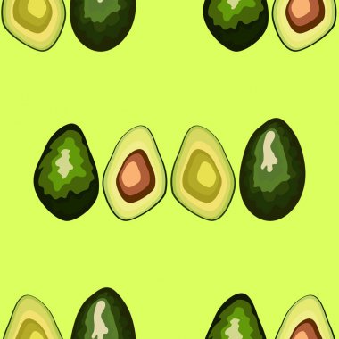 Arka planda avokado dikişsiz desen. Bütün ve kesilmiş avokado