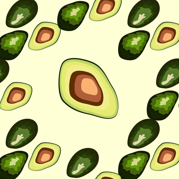 Avocado nahtlose Muster. Avocado ganz und in Scheiben geschnitten — Stockvektor