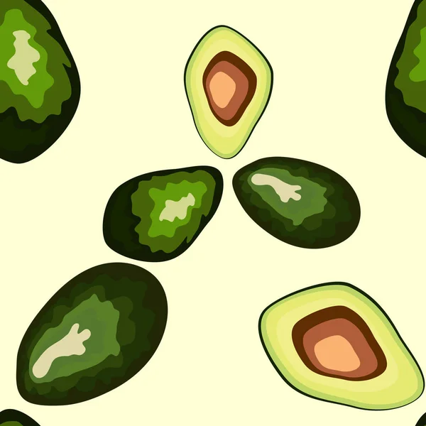 Modello senza cuciture avocado su sfondo. Avocado intero e tagliato — Vettoriale Stock