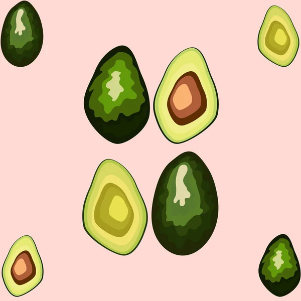 Patrón sin costura de aguacate. Aguacate entero y en rodajas — Vector de stock