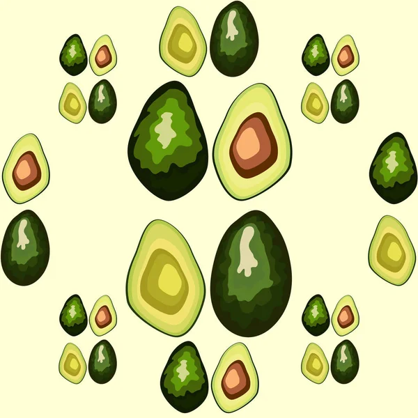 Avocado nahtlose Muster auf dem Hintergrund. ganze und geschnittene Avocado — Stockvektor