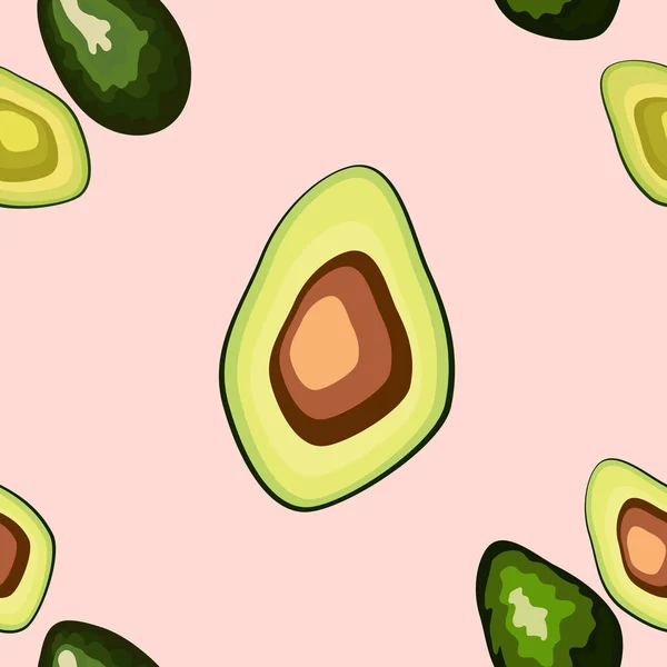 Patrón sin costura de aguacate en el fondo. Aguacate entero y cortado — Vector de stock