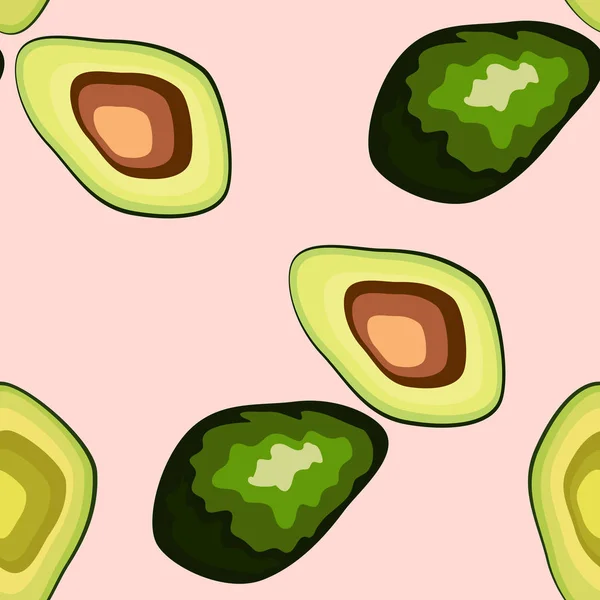 Avocado nahtlose Muster. Avocado ganz und in Scheiben geschnitten — Stockvektor