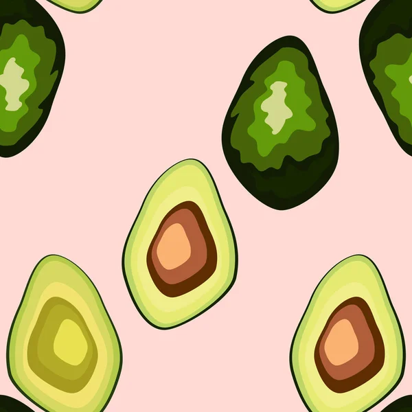 Avocado nahtlose Muster auf dem Hintergrund. ganze und geschnittene Avocado — Stockvektor