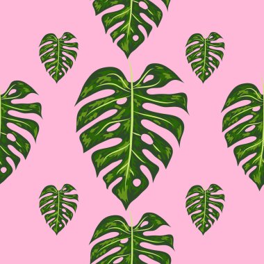 Tropikal Desen. Monstera Parlak El Çizilmiş Yaprakları ile Dikişsiz Doku.