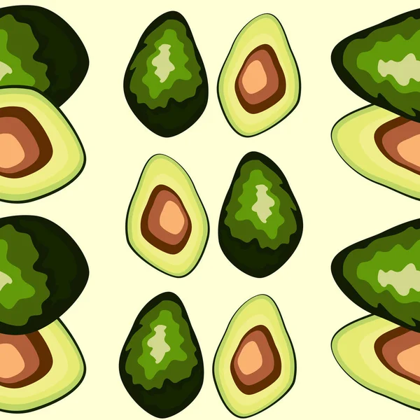 Avocado nahtlose Muster. Avocado ganz und in Scheiben geschnitten — Stockvektor