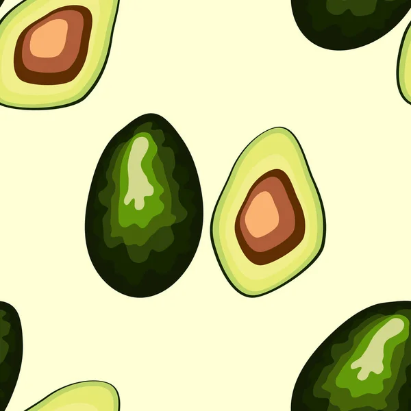 Avokado sömlösa mönster på bakgrunden. Hel och skär avokado — Stock vektor