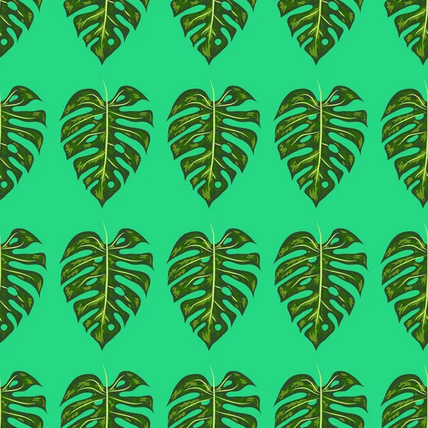 Monstera, grüne, schöne, detaillierte Blätter, die zu einem nahtlosen Muster zusammengefügt sind. — Stockvektor
