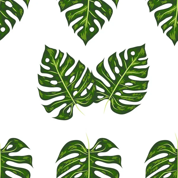 Hojas de palma tropical, monstera, hoja de la selva vector inconsútil floral verano patrón fondo — Vector de stock