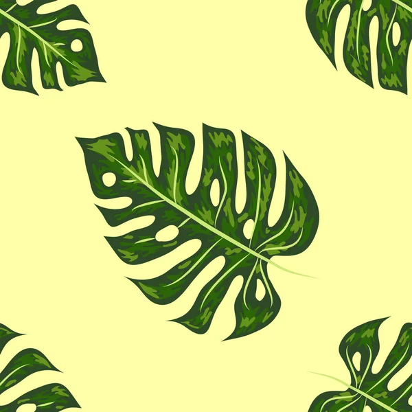 Monstera, grüne, schöne, detaillierte Blätter, die zu einem nahtlosen Muster zusammengefügt sind. — Stockvektor