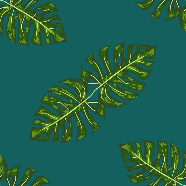 Monstera, groen mooi gedetailleerd blad geassembleerd tot een naadloos patroon. — Stockvector