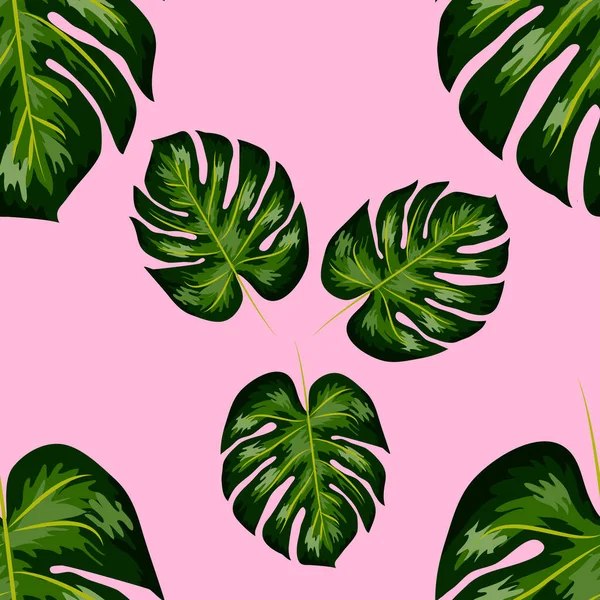 열대 야자수 잎, 몬스터, 정글 잎 벡터 원활한 꽃 여름 패턴 배경 — 스톡 벡터