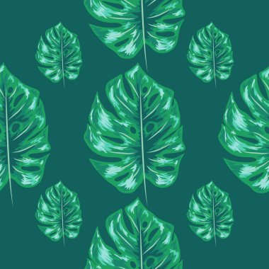 Mavi Monstera bitki yaprakları içeren tropikal yaprak tasarımı. Kesintisiz yineleme deseni.