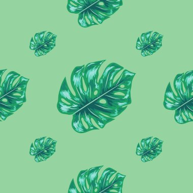 Palm Monstera Dikişsiz Desen. Mavi Siyah Tropikal Yaz Arka Plan.