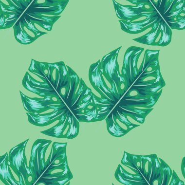 Palm Monstera Dikişsiz Desen. Mavi Siyah Tropikal Yaz Arka Plan.