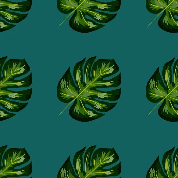 Hojas de palma tropical, monstera, hoja de la selva sin costuras floral verano patrón fondo — Vector de stock