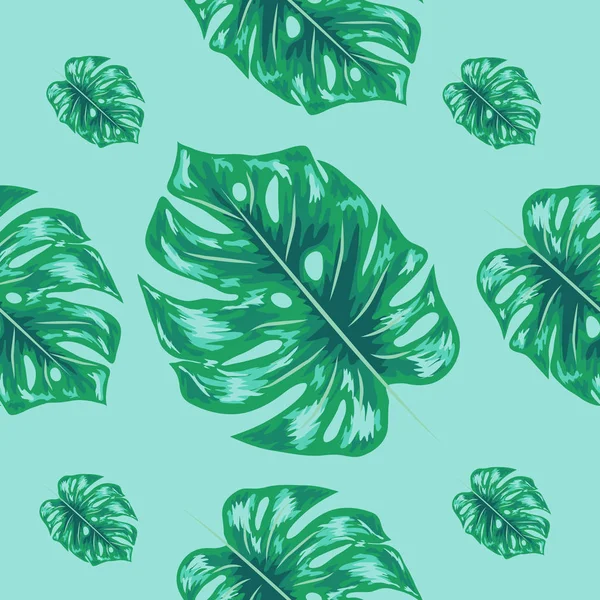 Desenho de folhas tropicais com folhas de plantas Monstera azuis. Padrão de repetição sem costura . — Vetor de Stock