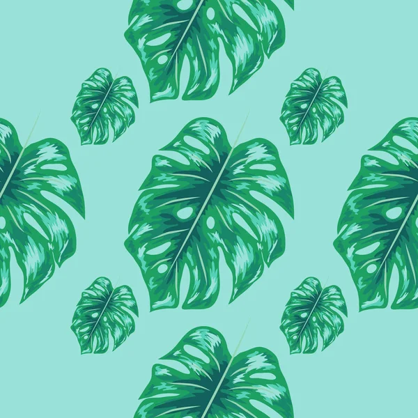 Diseño de hojas tropicales con hojas de plantas azules de Monstera. Patrón de repetición sin fisuras . — Vector de stock