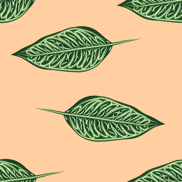 Nahtloses Muster, dunkelgrüne, weiße und braune Ficus-Elastika-Blätter auf hellem Hintergrund — Stockvektor