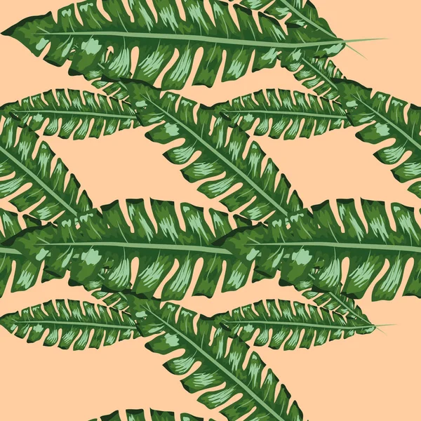 Plátano tropical hojas verdes sin costura patrón de fondo rosa. Fondo de pantalla exótico — Vector de stock