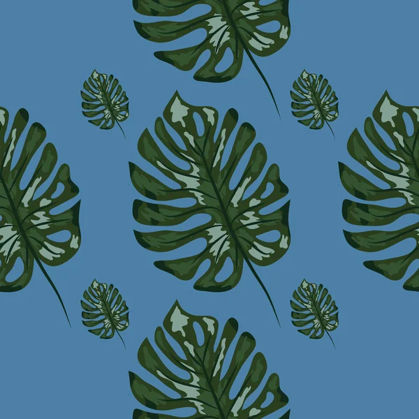 Foglie tropicali con foglie di pianta blu Monstera. Modello continuo senza soluzione di continuità . — Vettoriale Stock