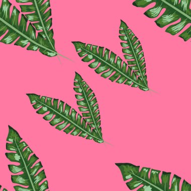 Tropikal yaprakları gerçekçi dikişsiz desen. Muz yaprağı ve palmiye ağacı.