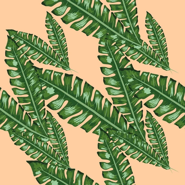 Tropische banaan groen verlaat naadloze patroon roze achtergrond. Exotische behang — Stockvector