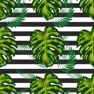 Egzotik yaz baskısı. Tropikal yaprakları ile dikişsiz şerit desen. Orman arka plan.