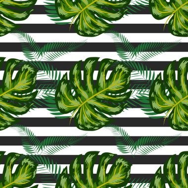 Egzotik yaz baskısı. Tropikal yaprakları ile dikişsiz şerit desen. Orman arka plan.
