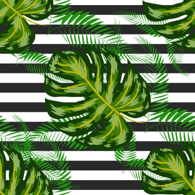 Egzotik yaz baskısı. Tropikal yaprakları ile dikişsiz şerit desen. Orman arka plan.