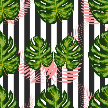 Egzotik yaz baskısı. Tropikal yaprakları ile dikişsiz şerit desen. Orman arka plan.