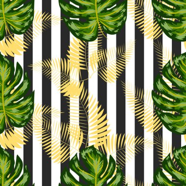 Egzotik yaz baskısı. Tropikal yaprakları ile dikişsiz şerit desen. Orman arka plan.
