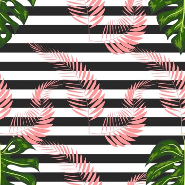 Monstera yapraklarının kusursuz deseni. El çizilmiş mürekkep şeritler üzerinde tropikal yaprakları