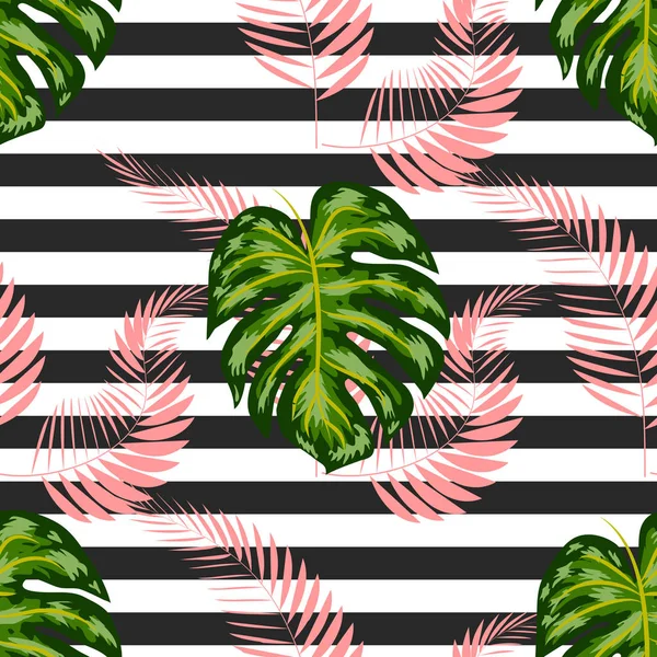 Seamless pattern of monstera leaves. Tropical leaves on hand drawn ink stripes — Stock Vector