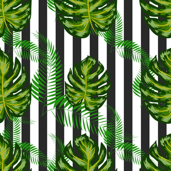 이국적인 여름 프린트. 열대 잎이있는 매끄러운 스트라이프 패턴. 정글 배경. — 스톡 벡터
