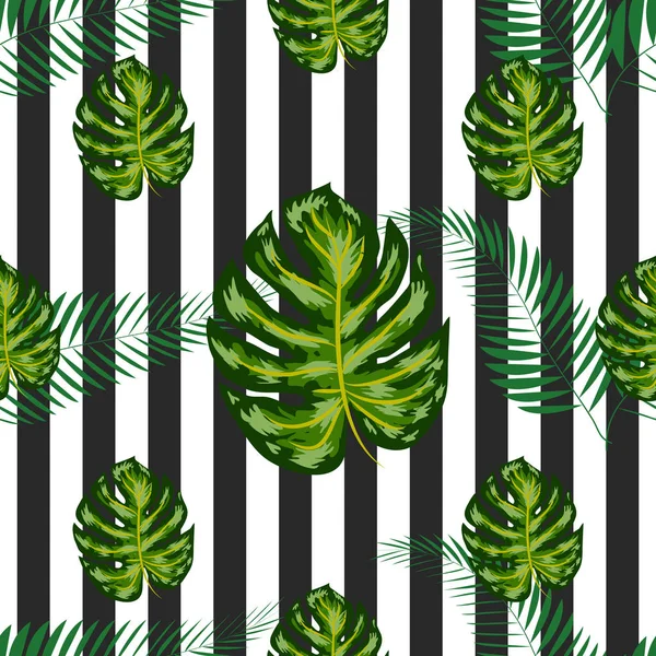 이국적인 여름 프린트. 열대 잎이있는 매끄러운 스트라이프 패턴. 정글 배경. — 스톡 벡터