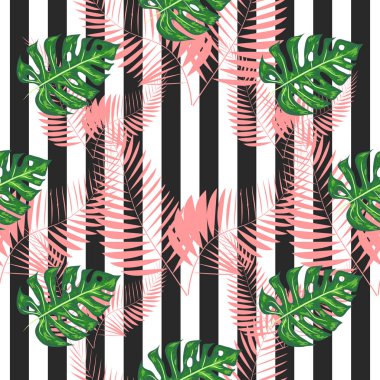 monstera palmiye yaprakları ile egzotik dikişsiz desen. Tropikal hawaii tekstil botanik tasarım. Siyah beyaz geometrik arka plan üzerinde çiçek fon.