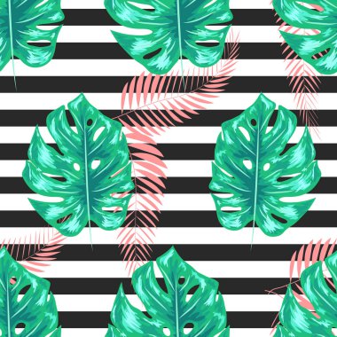 Monstera Yaprakları ile Tropikal Desen. Yaz Tasarımı