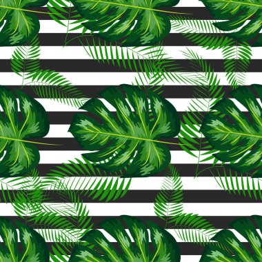 monstera palmiye yaprakları ile sorunsuz desen. Tropikal tekstil botanik tasarım. siyah beyaz geometrik arka plan.