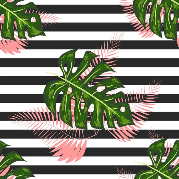 Nahtlose Muster mit tropischen Blättern: Palmen, Monstera, Bananenblätter, Dschungel Blatt nahtlose Muster gestreiften Hintergrund. — Stockvektor