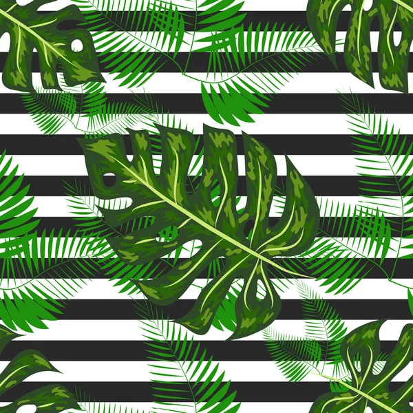 Monstera patroon. Zomer ontwerp voor badmode. Exotische Palm groen achtergrond. Monstera naadloze patroon. — Stockvector