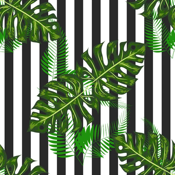 Monstera sömlös randigt mönster. Sommar tropisk design. — Stock vektor